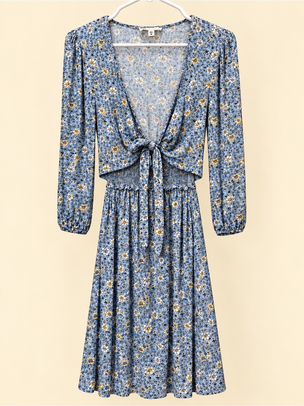 BeBop Blue Floral Tie-Front Midi Dress with Yellow Accents